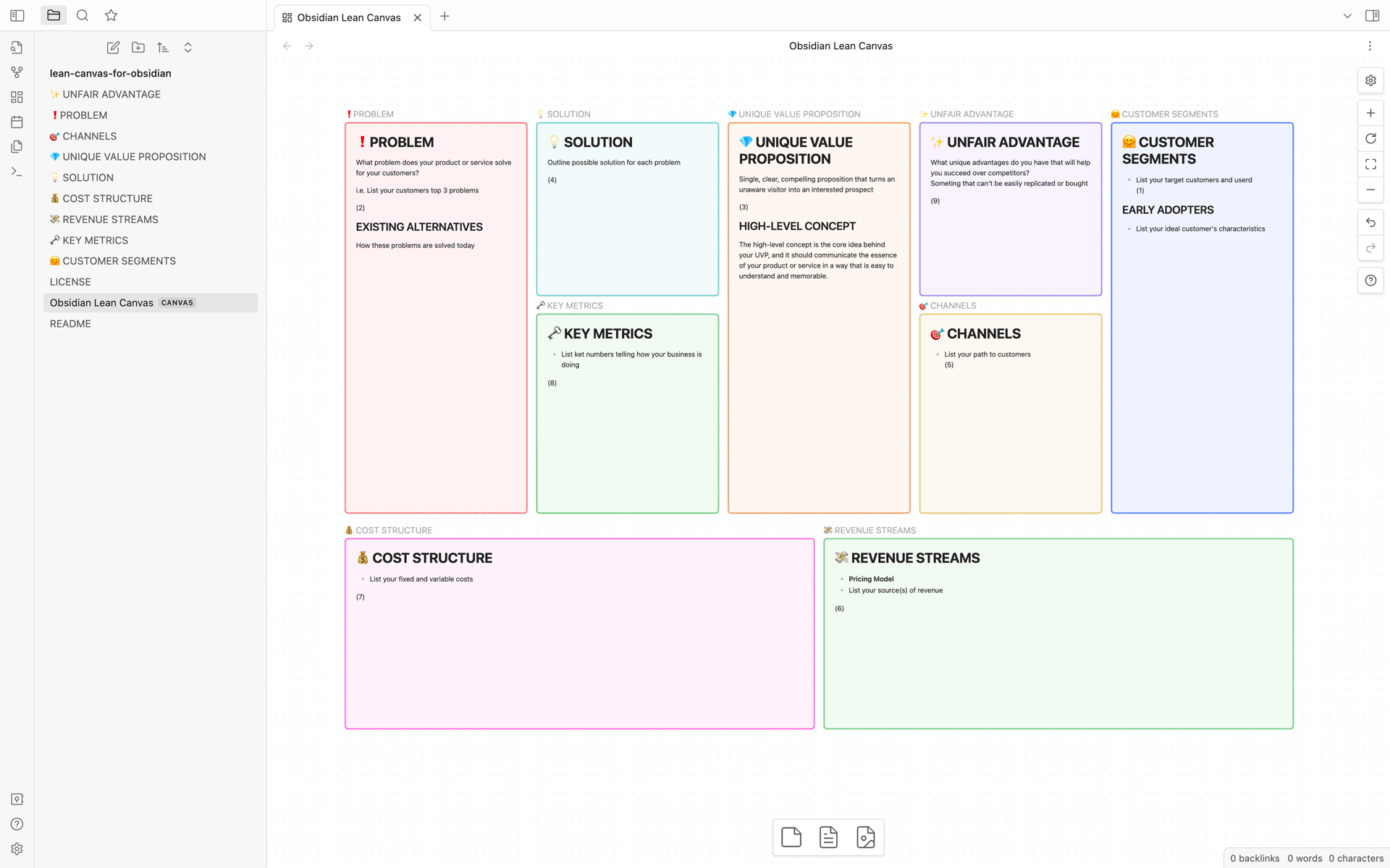 Lean Canvas Template for Obsidian, a one-page business plan template for Obsidian